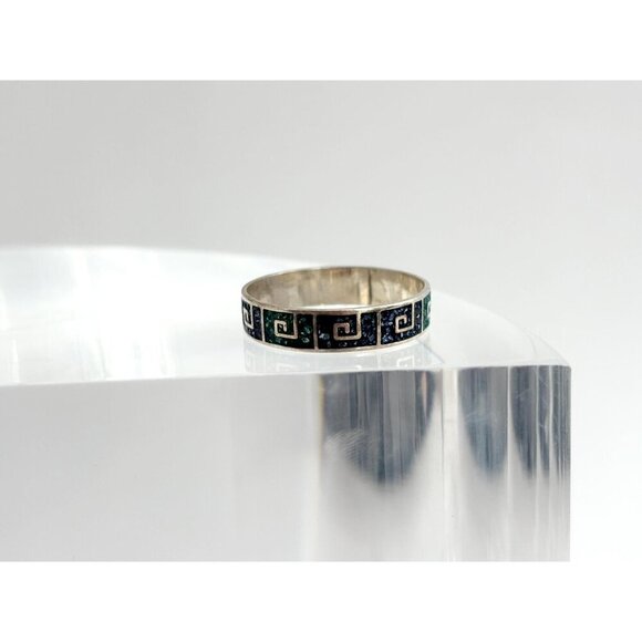 Mexican Made Mosaic Turquoise Inlaid Vintage Sterling Geometric Ring - sz 7.25 - Picture 4 of 7